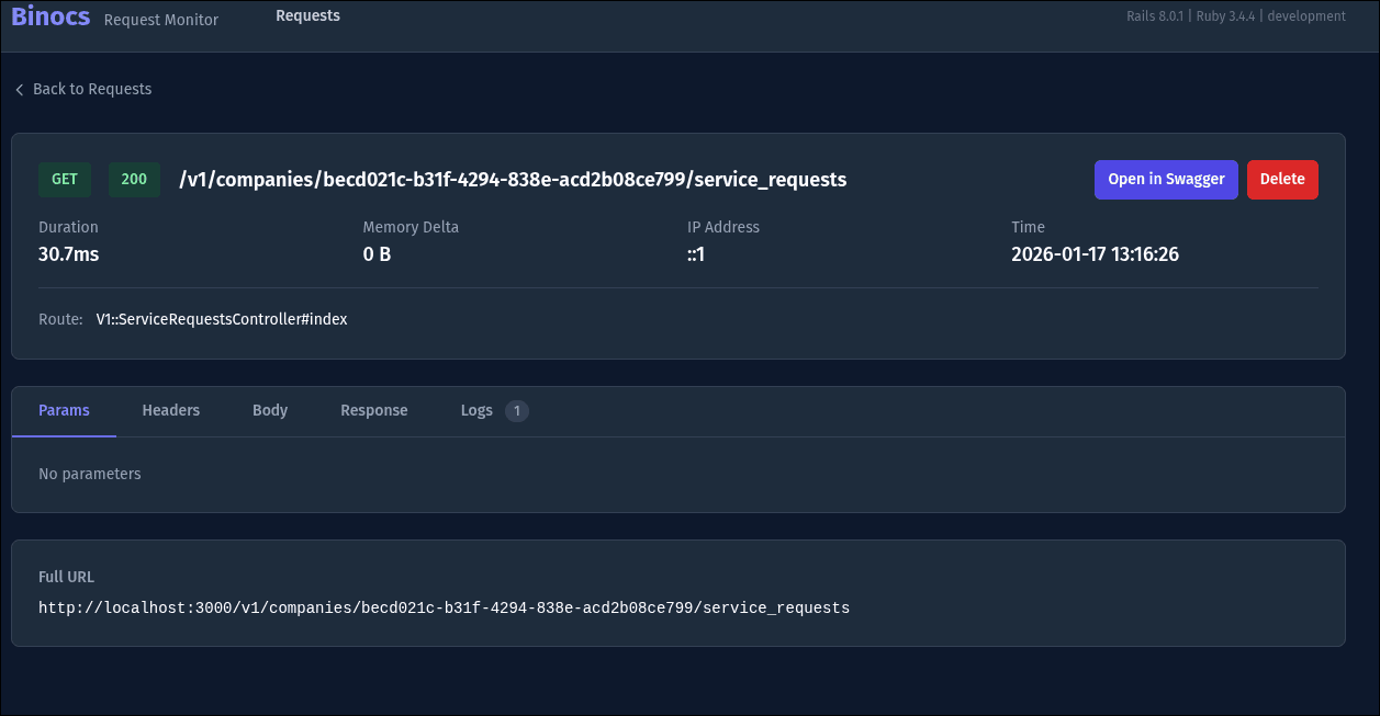 Detailed request view showing HTTP method, status code, duration, memory delta, params, headers, body, and logs tabs