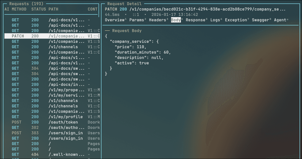 Terminal UI split screen showing request list on the left and request body JSON on the right