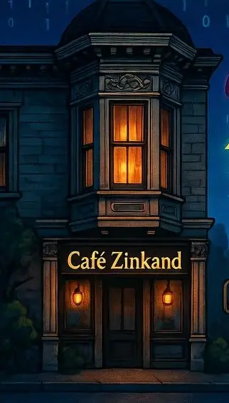 An illustration of Café Zinkand at night, its windows lit and an 1895 plaque by the door